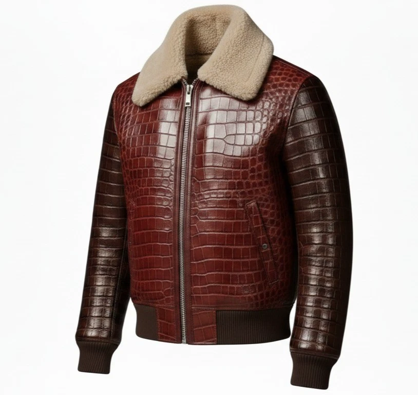 Men,s Real Crocodile Embossed Leather Jacket Shearling Collar Bomber Coat Brown. image 3