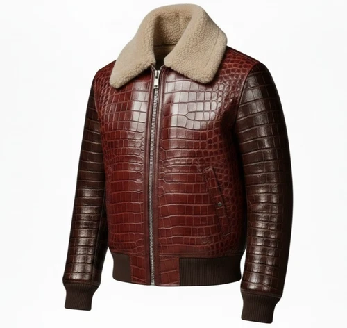 Men,s Real Crocodile Embossed Leather Jacket Shearling Collar Bomber Coat Brown. image 3
