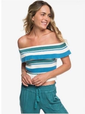 Roxy Extra Tropical Love Off Shoulder Striped Knit Crop Top Medium