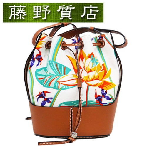 () Loewe Balloon Bag Medium Paulas Ibiza Canvas Leather Brown Used FUJI-0