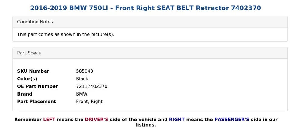 2016-2019 BMW 750LI - Front Right SEAT BELT Retractor 7402370 - Image 4 of 4