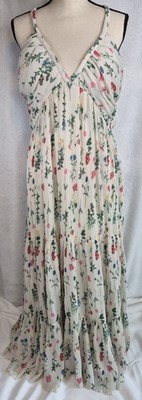 CeCe Floral Maxi Dress XL 40'' Bust Pleated Tiered Chiffon Open Back Cottagecore 
