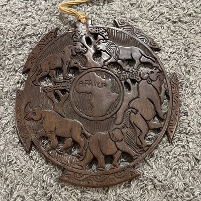 Africa Round Wood Relief Big 5 Animal Wall Art Carving Safari Handcarved 13 
