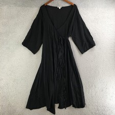 Justine McCaffrey Dress Womens L Wrap Midi 3/4 Sleeve Tie Waist Casual Black