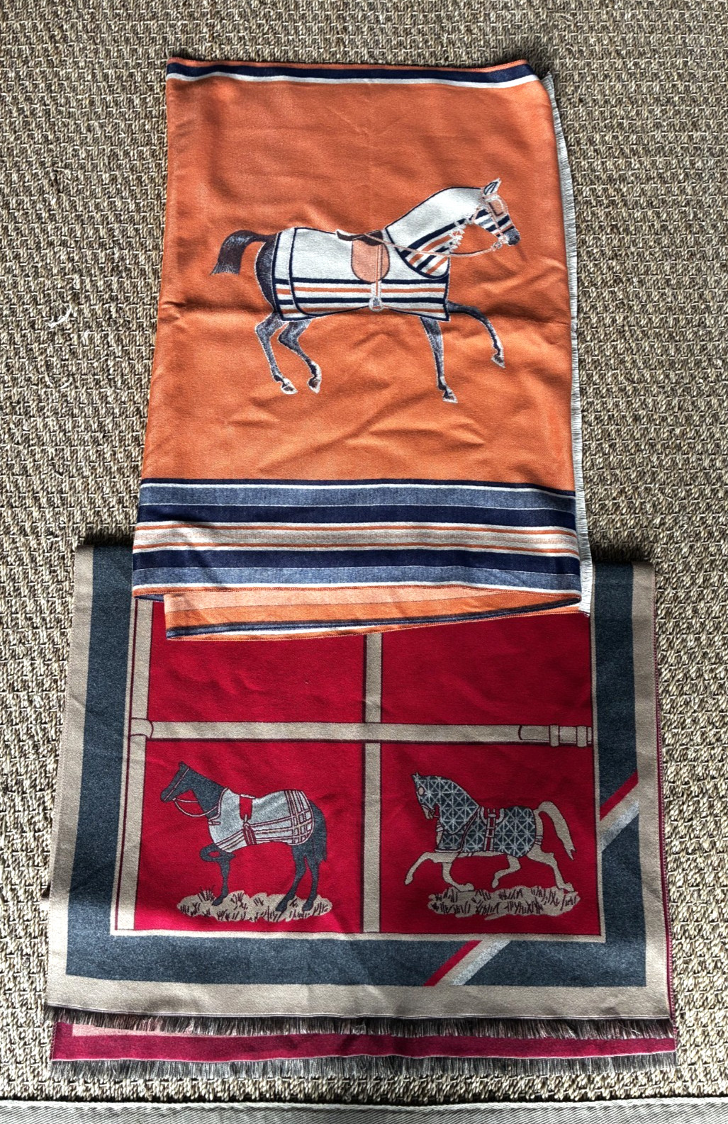 Elegant red patterned scarf featuring an equestri… - image 6