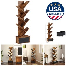 Space-Saving 7 Tier Tree Bookshelf - Rustic Wood Design for Home Decoration