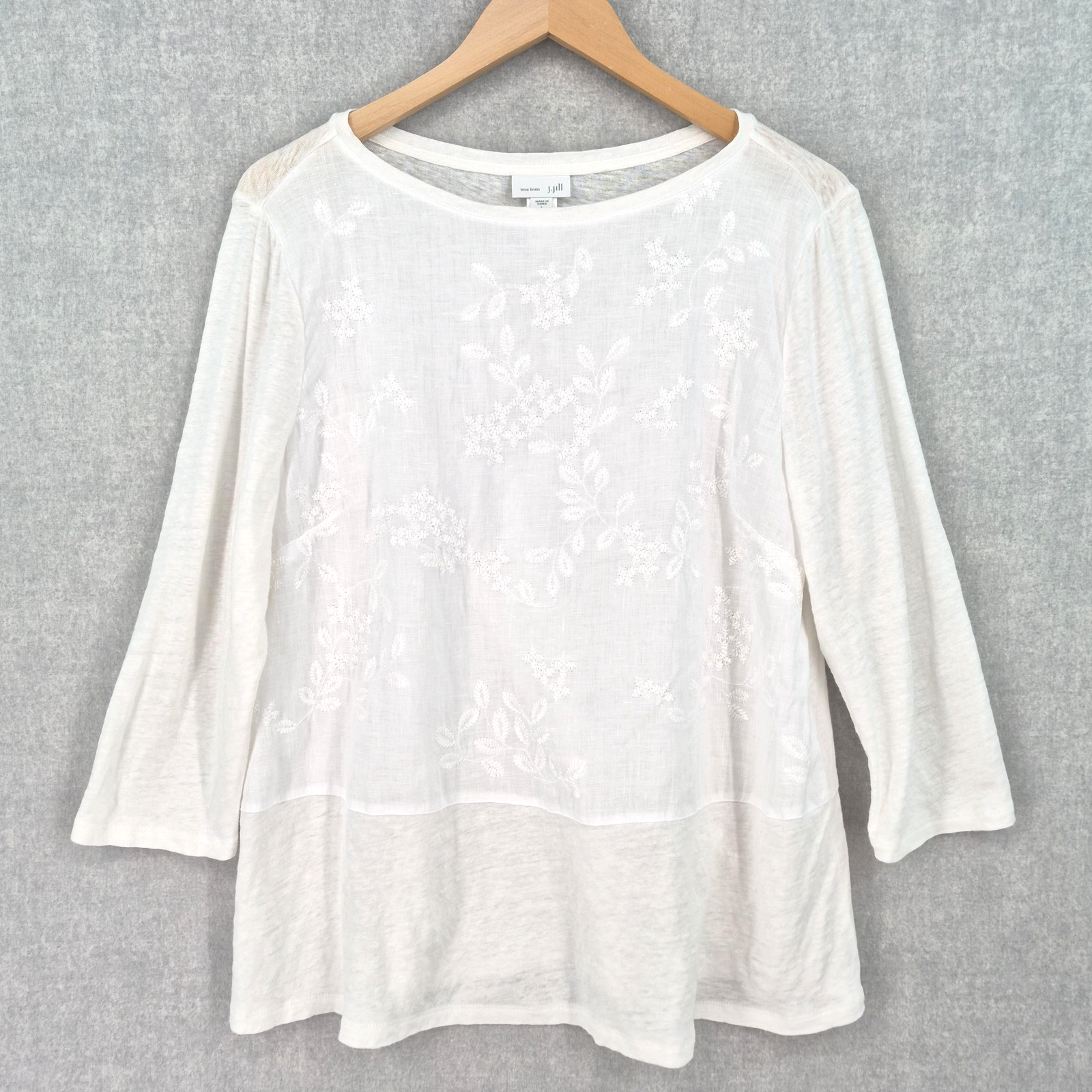 J Jill Love Linen Top Womens PL Romantic Off White Embroidered Boat Neck Shirt