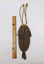 Antique Victorian Brown/Copper Beaded Drawstring Reticule Pouch Bag