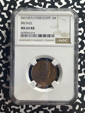 AH 1357 (1938) Egypt 1 Millieme NGC MS64RB Lot#G828 Choice UNC!