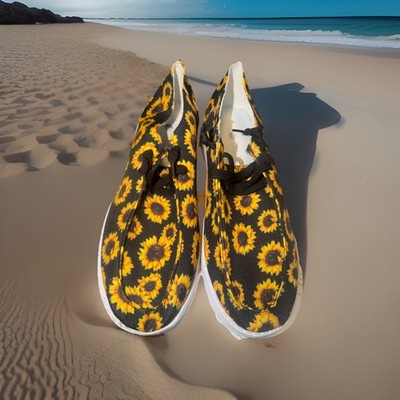 womens sunflower print flat loafers casual lace on canvas shoes,