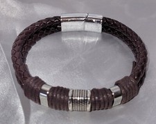 Men's Brown Faux Leather Stainless Steel Beaded Bracelet With Magnetic Closure