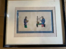 Vintage Chinese Mixed Media Painting "Two Figures Scene" - Framed