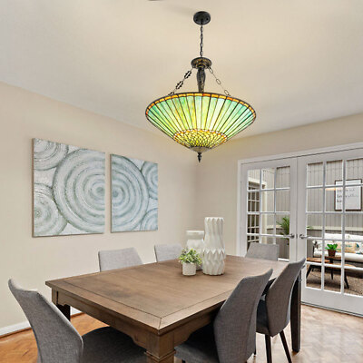 Wide Stained Glass Inverted Ceiling Pendant Antique