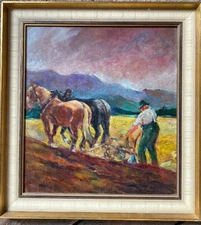 Oil painting undetermined sign. 1967 farmer at agriculture with plow and horse