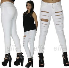 Jeans donna pantaloni strappi bianco skinny slim elasticizzati strappati sexy 