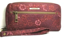 Travelon Maroon Fabric Floral Print Zip Around Wristlet Clutch Wallet