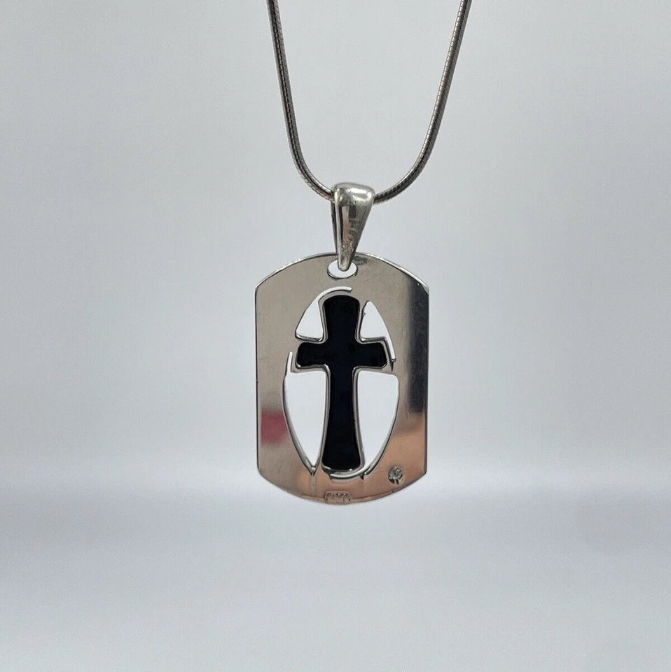 COLLANA CROCE NERA UOMO DONNA FIRMATA ARGENTO 925 DIAMANTE NATURALE 0,01 CARATI. - Immagine 3 di 4