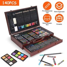 140Pcs Crayons Colored Pencils Oil Pastels Watercolor Cakes Brushes w/Box Kit US