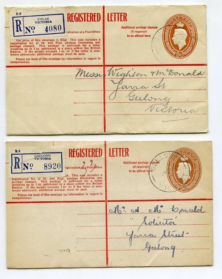 Australia Registered Envelopes x 6 Used Repat G H Heidelberg, Colac, Mildura etc - Image 2 of 4