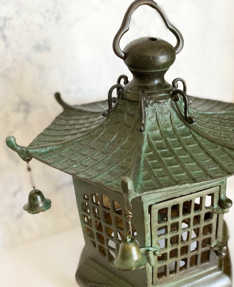 Toro Japanese Bronze Hanging Lantern Takaoka Craft Hexagon Check
