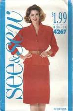 BUTTERICK See&Sew 4267 MISSES' SIZE 16-24 TOP & SKIRT SEWING PATTERN ©1989