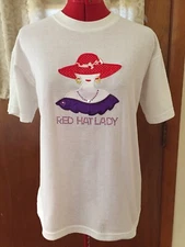 RED HAT SOCIETY TOP~M~WHITE~T SHIRT~RED HAT LADY ON FRONT WITH GROMMETS