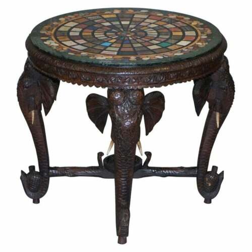 BURMESE HAND CARVED ELEPHANT OCCASIONAL TABLE PIETRA DURA SPECIMEN MARBLE TOP - Picture 1 of 12