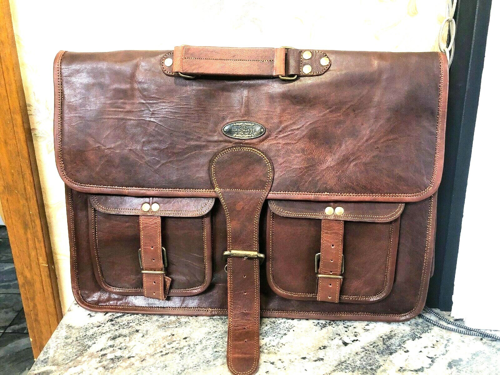 18" Bolso de Cuero Cartera Vintage Mensajero Hombro Pluma Archivos Teléfono L...