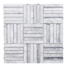 White Calacatta Marble Stone Silver Glass Insert Parquet Mosaic Tile Backsplash