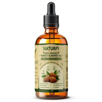 NATURFY Sweet Almond Oil 100% Pure Organic Cold Pressed for Massage Skin Hair Body 120ml