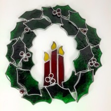 Leaded Stained Glass Christmas Holly Wreath Window Suncatcher 13in Holiday