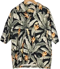Tommy Bahama Dress Shirt Mens Medium Black Sage Green Floral Hawaiian Button Up
