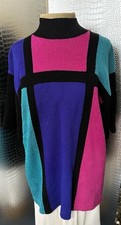 Vintage 1980s Alnoral Black Teal Fuchsia Windowpane Color Block Sweater Size 1X