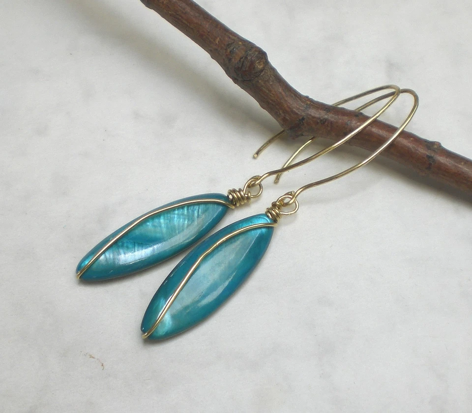 Lange Perlmutt Messing Ohrringe, oval Ohrhänger Blattform handmade, o974 - Bild 2 von 4