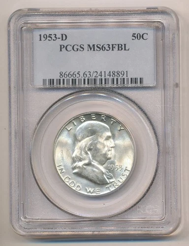 1953 D FRANKLIN SILVER HALF DOLLAR PCGS MS63 FBL