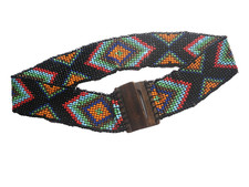 VTG 70s Wide Beaded Elastic Belt Wooden Buckle Geometric Pattern Turquoise Black
