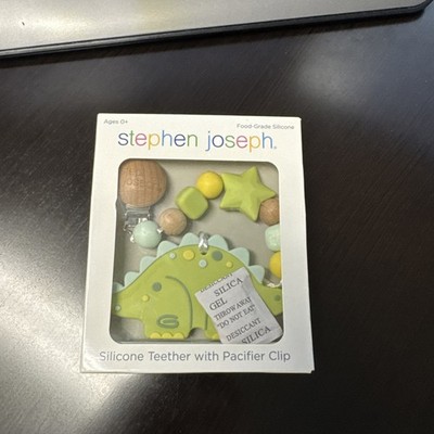 New Stephen Joseph Dinosaur Silicone Teether w/ Pacifier Clip Free Ship