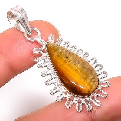 Yellow Tiger Eye - South Africa 925 Silver Plated Handmade Pendant 1.95'' P02