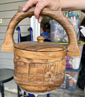 Vintage Asian ?  Wood Ice Bucket / Pot Hand Carved w/ Lid & Handle — photo 1