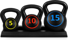 3-Piece Kettlebell Set with Storage Rack, HDPE Coated Exercise Fitness Concrete