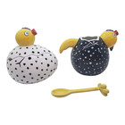 Dept 56 Ceramic Chicken Sugar Bowl & Creamer Set & spoon Black White Polka Dot