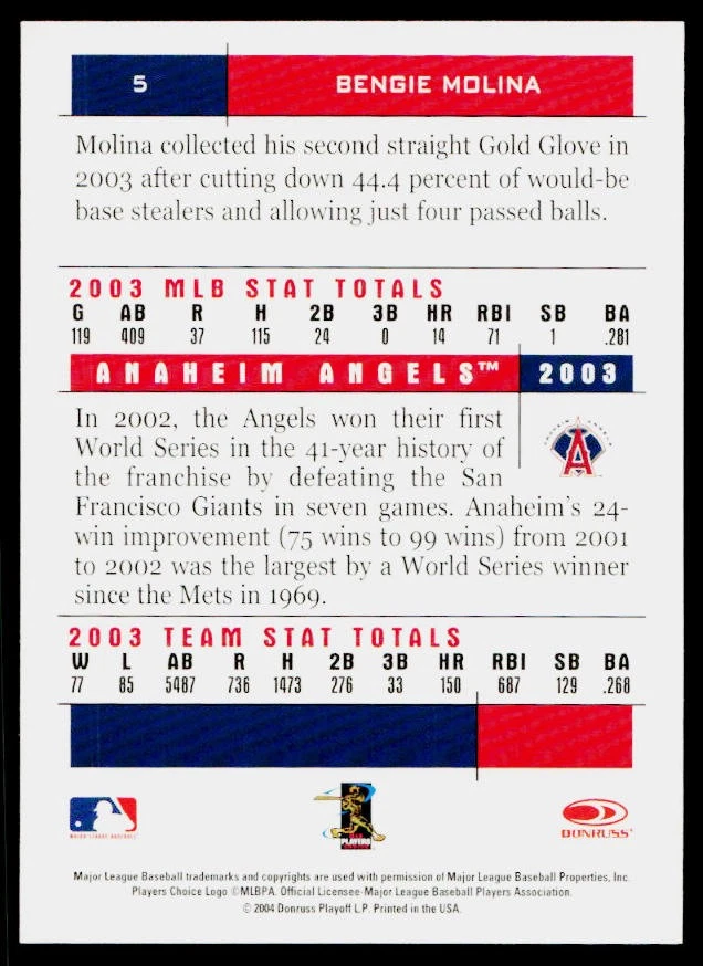 2004 Donruss Team Heroes Bengie Molina #5 Anaheim Angels - Image 2 of 2