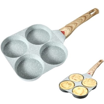 4 Hole Cup Egg Hamburger Pancake Maker Non-Stick Frying Pan with Wooden Handle 