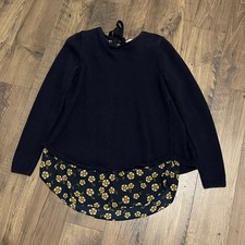 Loft Navy Blue Floral Layered Mixed Media Split Tie Back Sweater Top XS