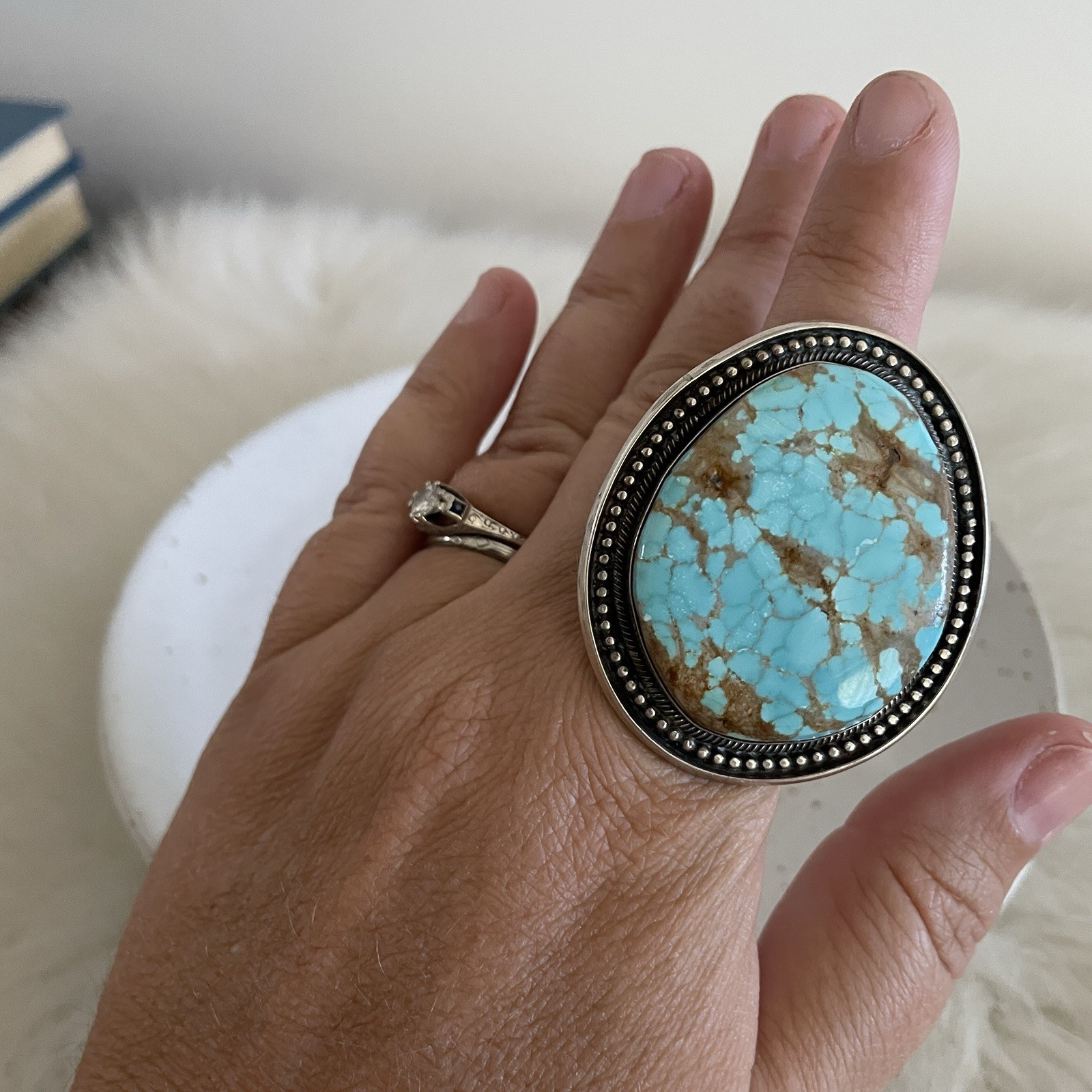 Turquoise and Silver Statement Ring  artisan Hand… - image 4