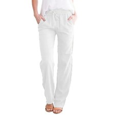 Women Cotton Linen Trousers Ladies Summer Casual Elastic Waist Bottoms Pants UK