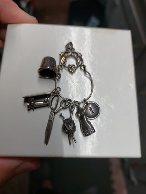 Antique sterling silver 925 multi mini sewing tool chatelaine pendant charm