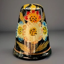 Vintage Russian Black Floral Lacquer Wooden Thimble #395