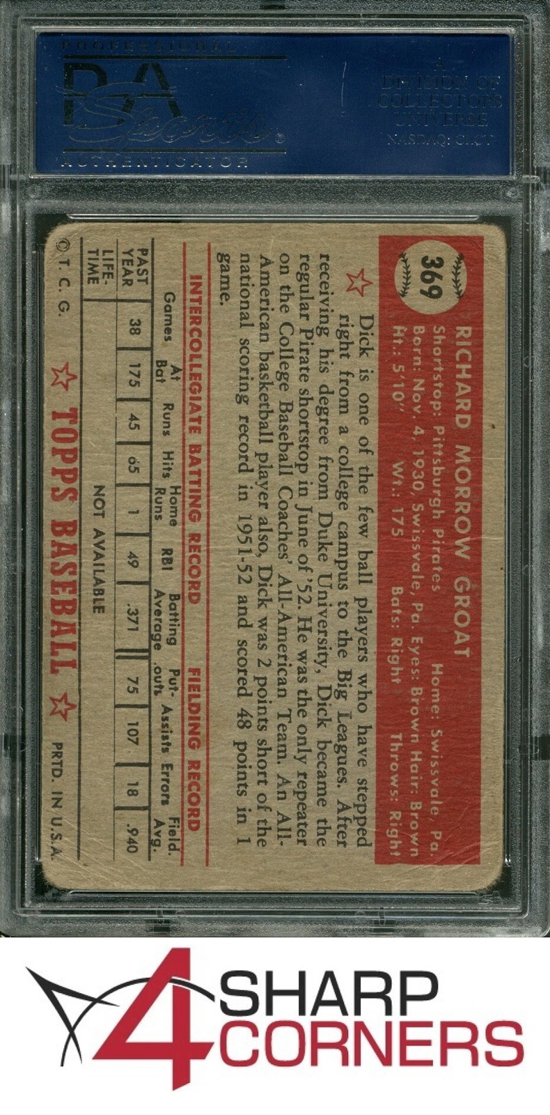 1952 TOPPS #369 DICK GROAT RC PIRATES PSA 2 view 2