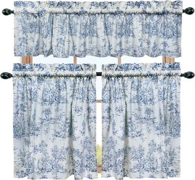 Café Curtains - Tier Window Treatment Curtains - Blue White French Country Toile